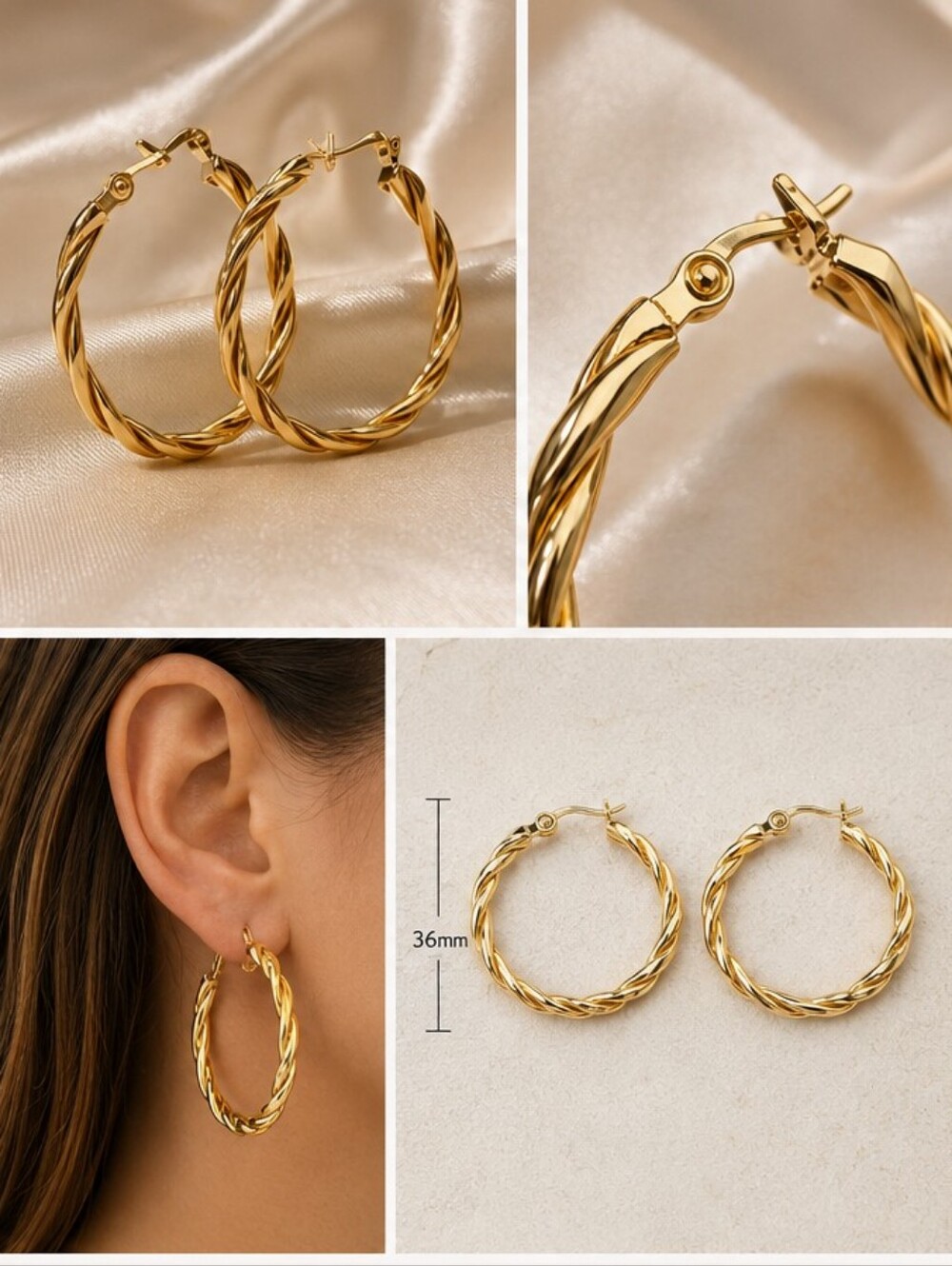 14K Gold Twisted Hoop Earrings 36mm – New in Box – Elegant Everyday Hoops